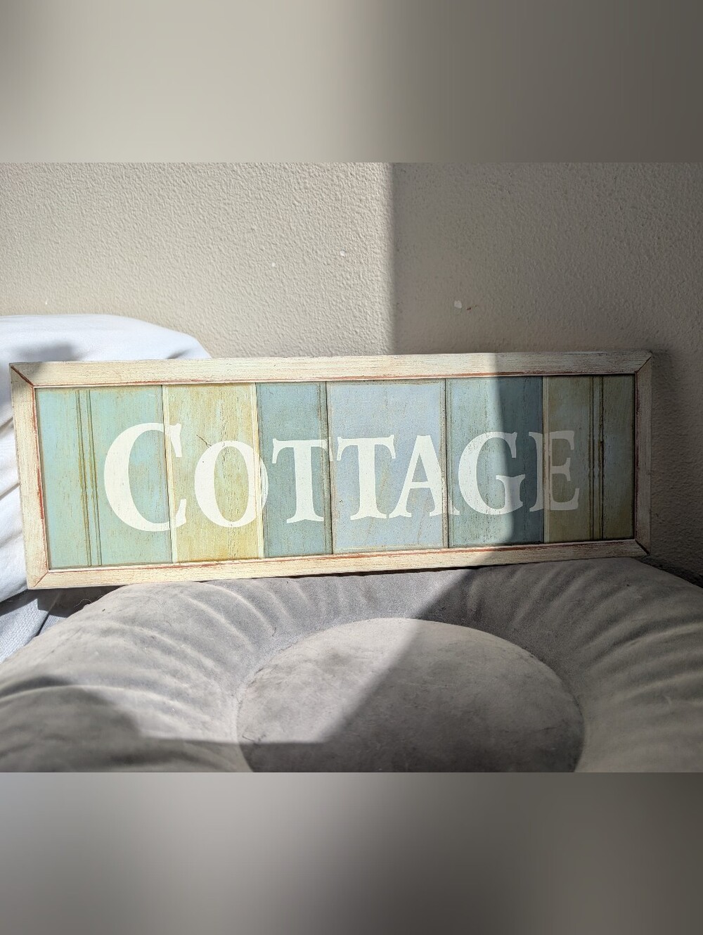 Cottage Wood Panel Wall Sign in Blue and Cream Tones 18x6 Inches
